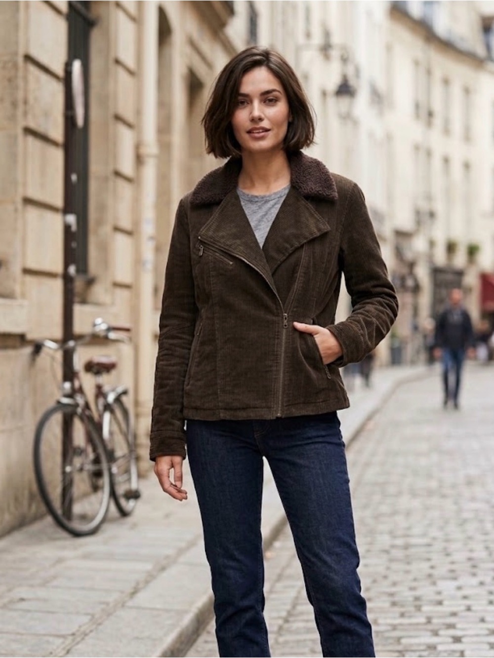 Women's Brown Corduroy Moto Corduroy Sherpa-Collar Biker Jacket Vng